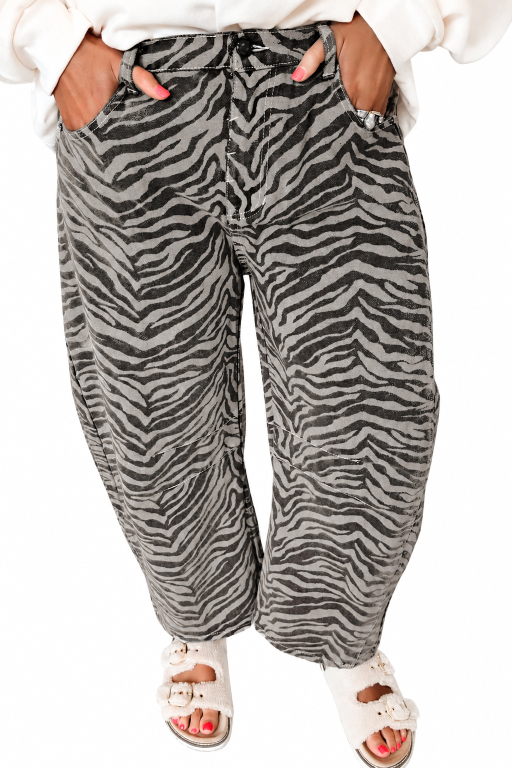 Gray Zebra Stripe Printed Wide Leg Barrel Jeans