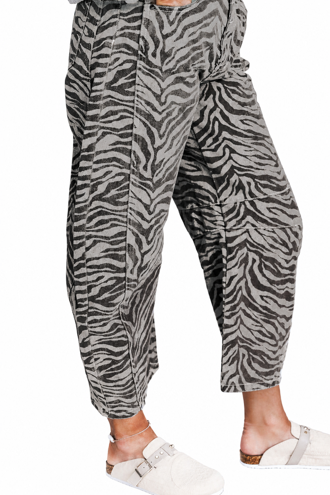 Gray Zebra Stripe Printed Wide Leg Barrel Jeans — white background view 2