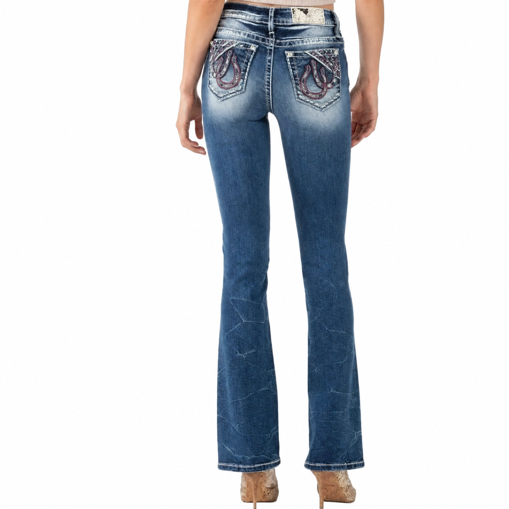 Miss Me Medium Blue Wash Horseshoe Pocket Boot Cut — white background view 1