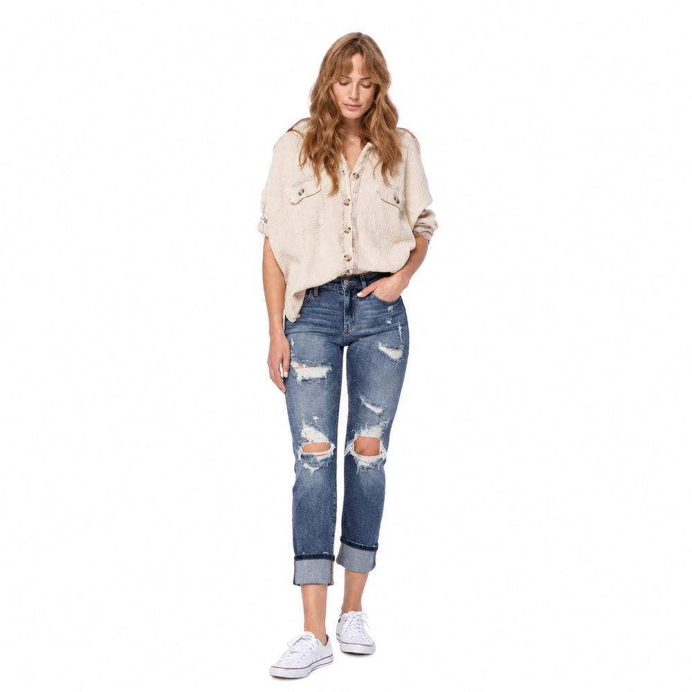 Judy blue Bleach Splash Boyfriend Jeans — white background view 1