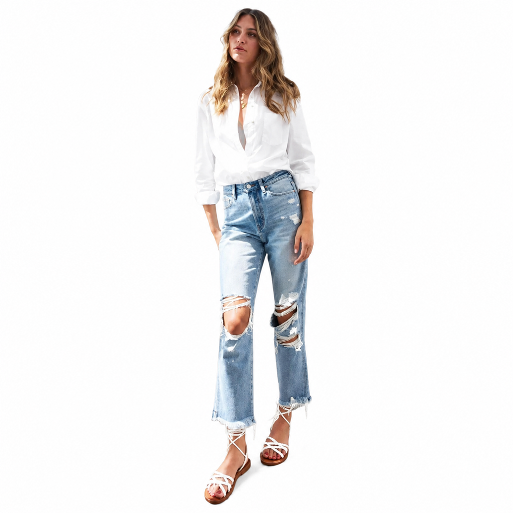 Super high rise distressed relaxed straight