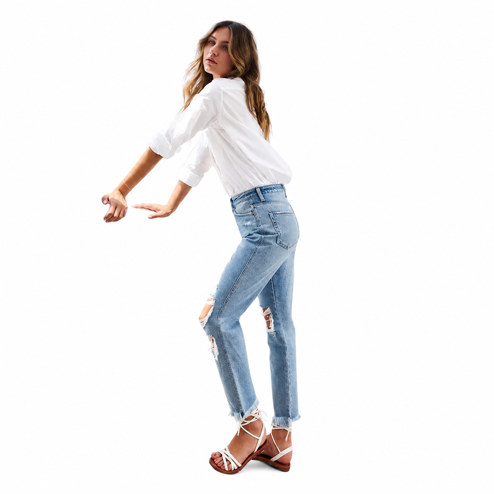 Super high rise distressed relaxed straight — white background view 2