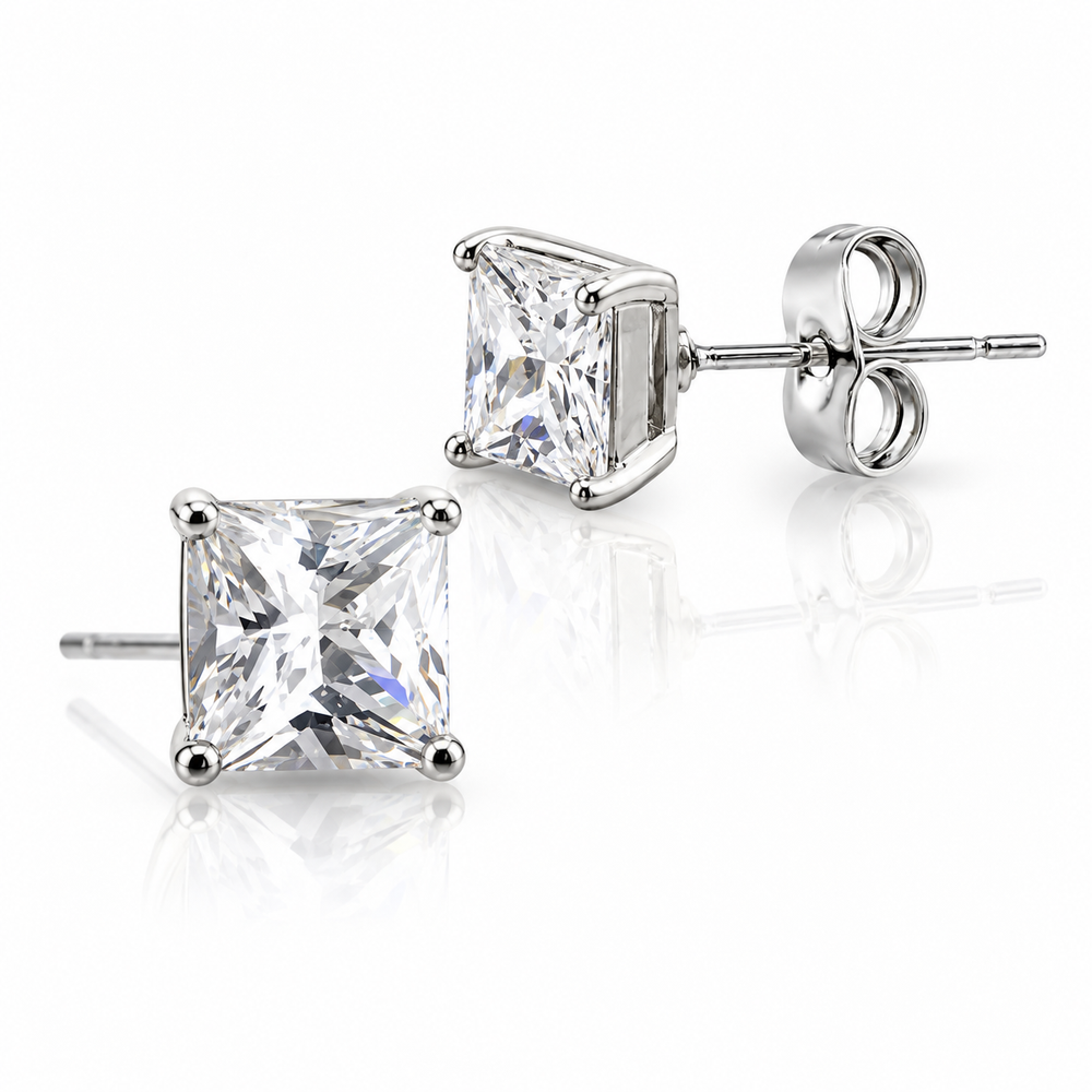 Pair of silver square clear CZ stud earrings on white background