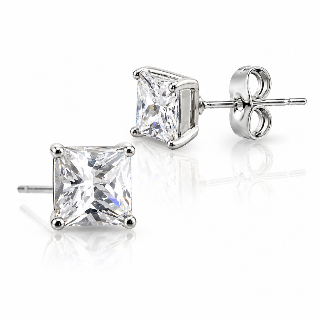 8mm Silver/Clear Square CZ Stud Earrings