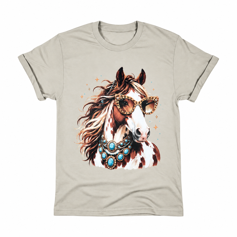 Leopard Sunglasses Horse Graphic Tee enlarged on white background