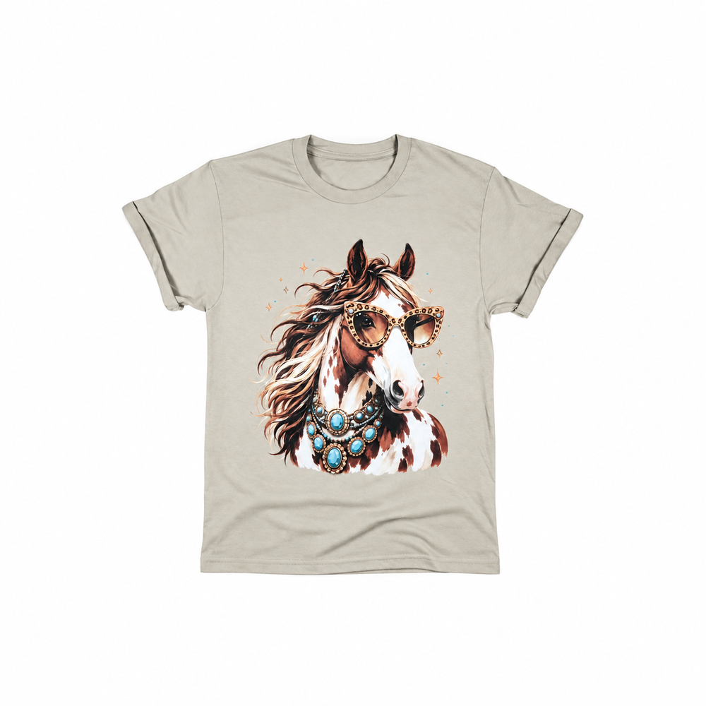 Leopard Sunglasses Horse Graphic Tee centered smaller on pure white background