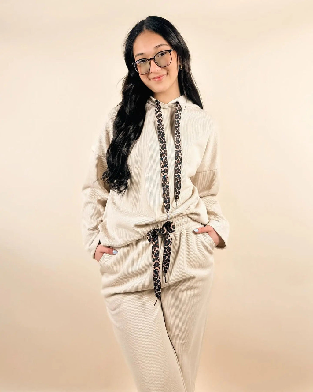 Leopard Ribbed Drawstring Hoodie & Pants