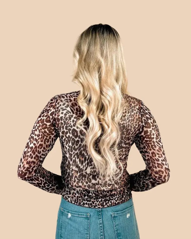 Leopard Sheer Long Sleeve V Neck Lace Top - LECCE