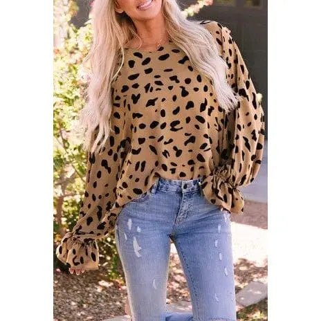 Leopard V Neck Ruffled Cuffs Loose Blouse - LECCE
