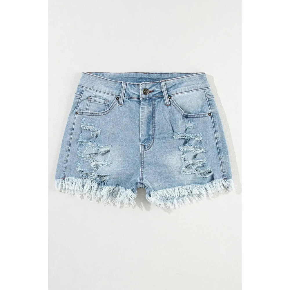 Light Blue Distressed Ripped Raw Hem High Waist Denim Shorts - LECCE