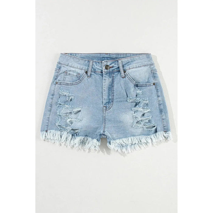Light Blue Distressed Ripped Raw Hem High Waist Denim Shorts - LECCE