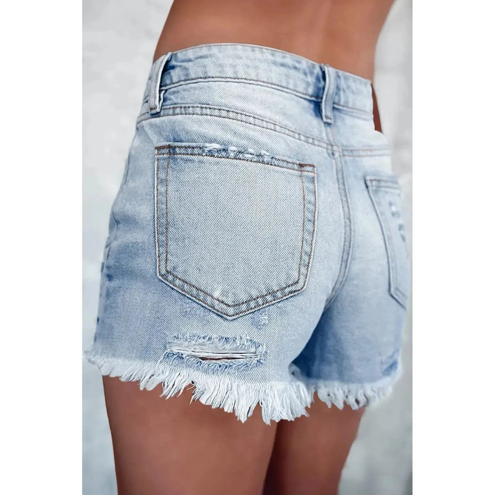 Light Blue Distressed Ripped Raw Hem High Waist Denim Shorts - LECCE