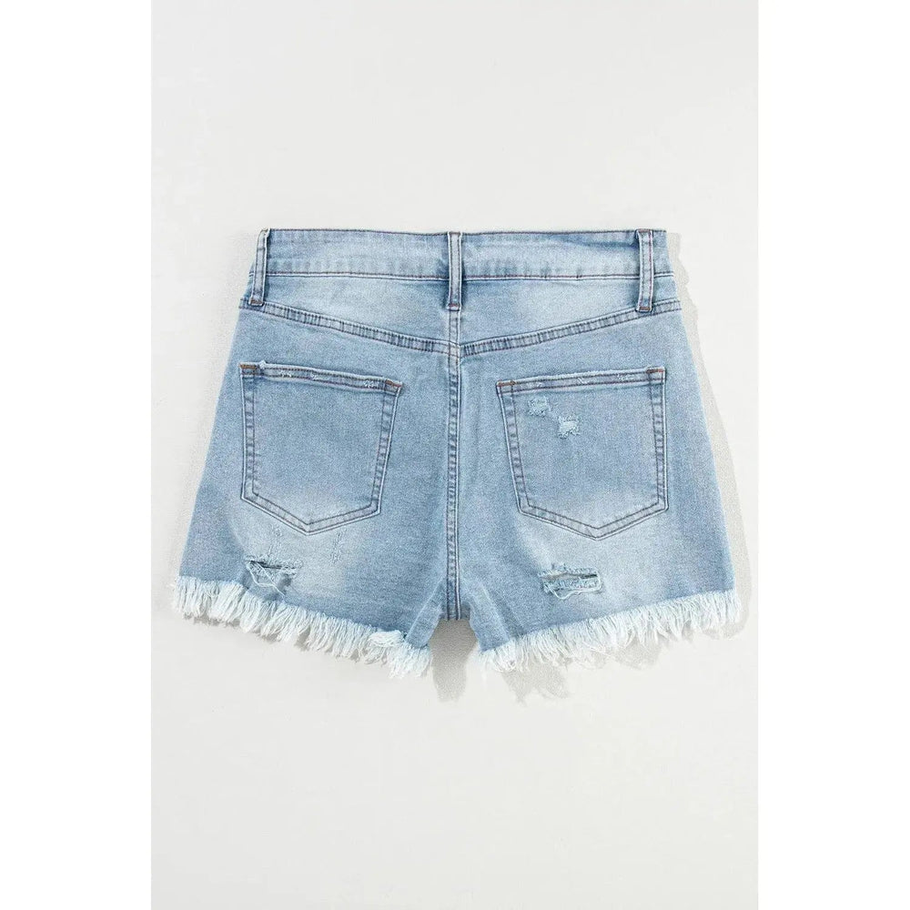 Light Blue Distressed Ripped Raw Hem High Waist Denim Shorts - LECCE