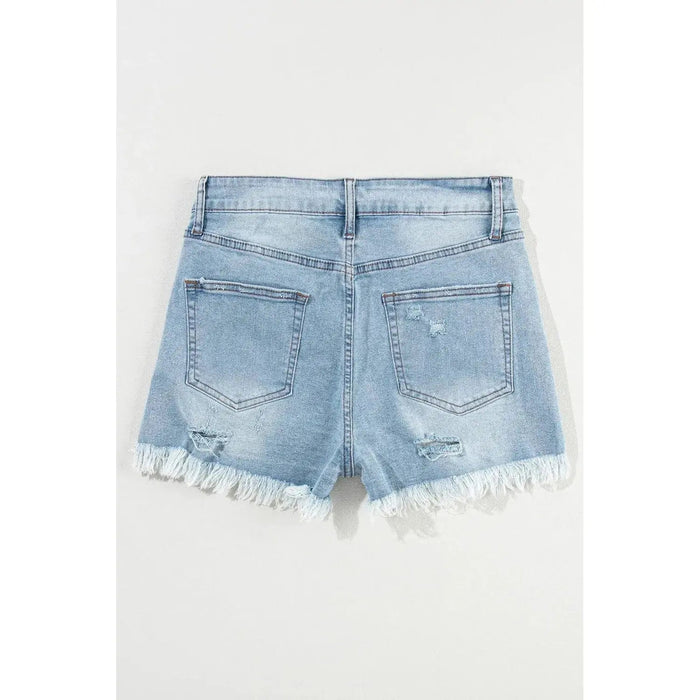 Light Blue Distressed Ripped Raw Hem High Waist Denim Shorts - LECCE