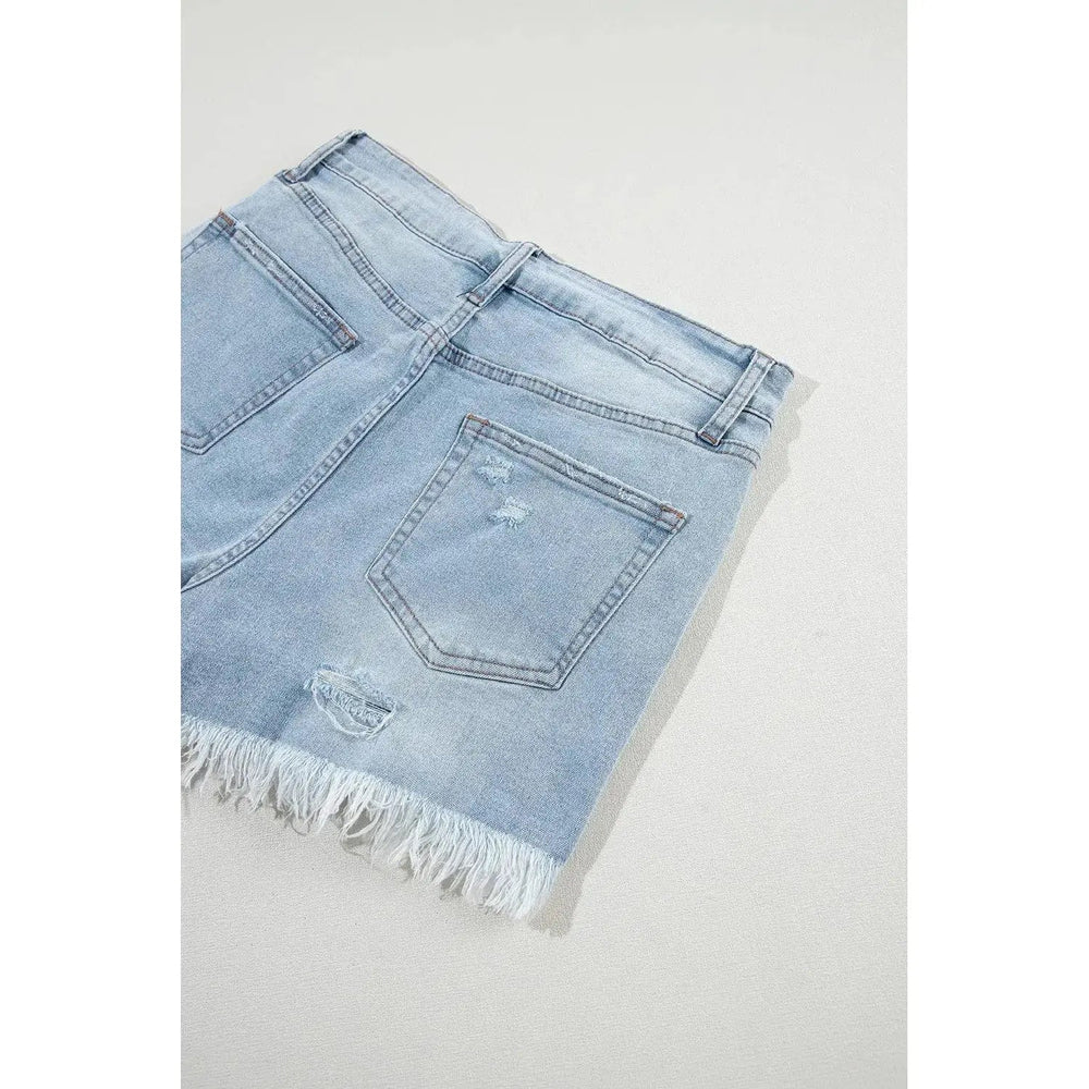 Light Blue Distressed Ripped Raw Hem High Waist Denim Shorts - LECCE