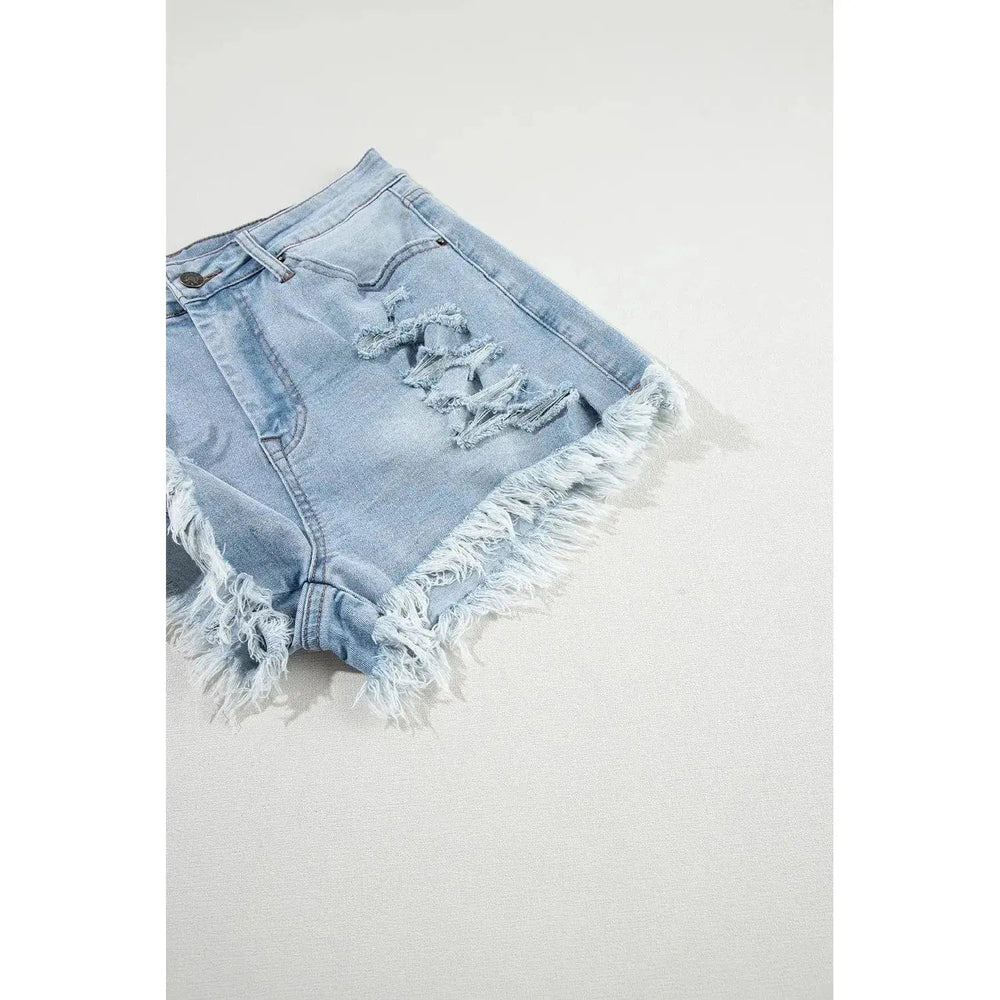Light Blue Distressed Ripped Raw Hem High Waist Denim Shorts - LECCE