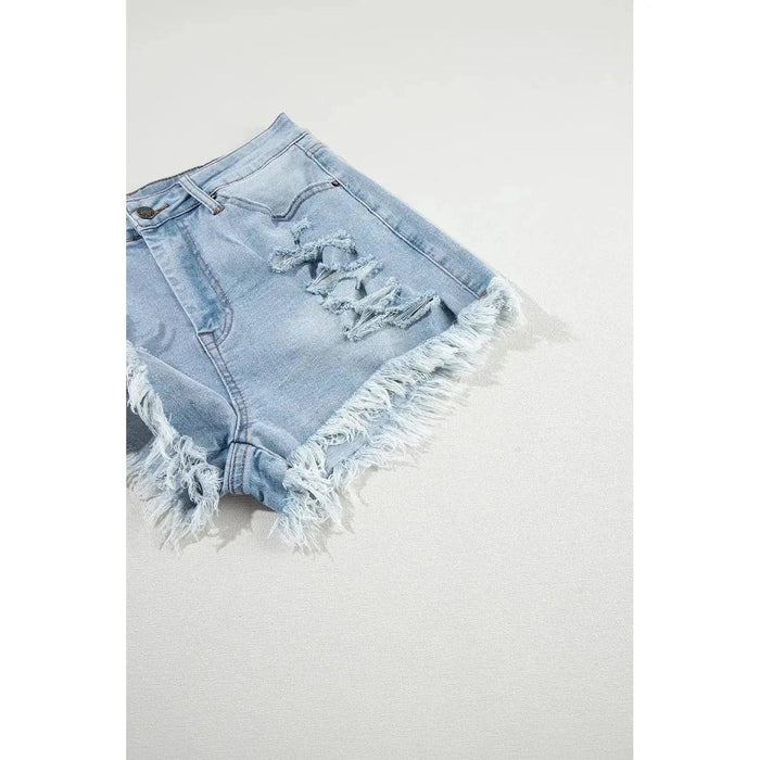 Light Blue Distressed Ripped Raw Hem High Waist Denim Shorts - LECCE