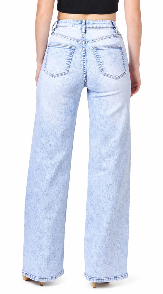Light acid wash wide-leg jeans back view on white background