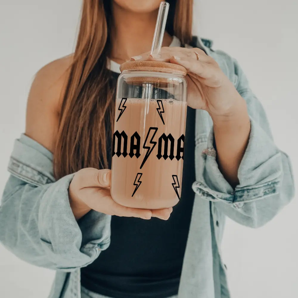 Mama Lightning Bolt | 20 oz Glass with Bamboo Lid & Straw - LECCE