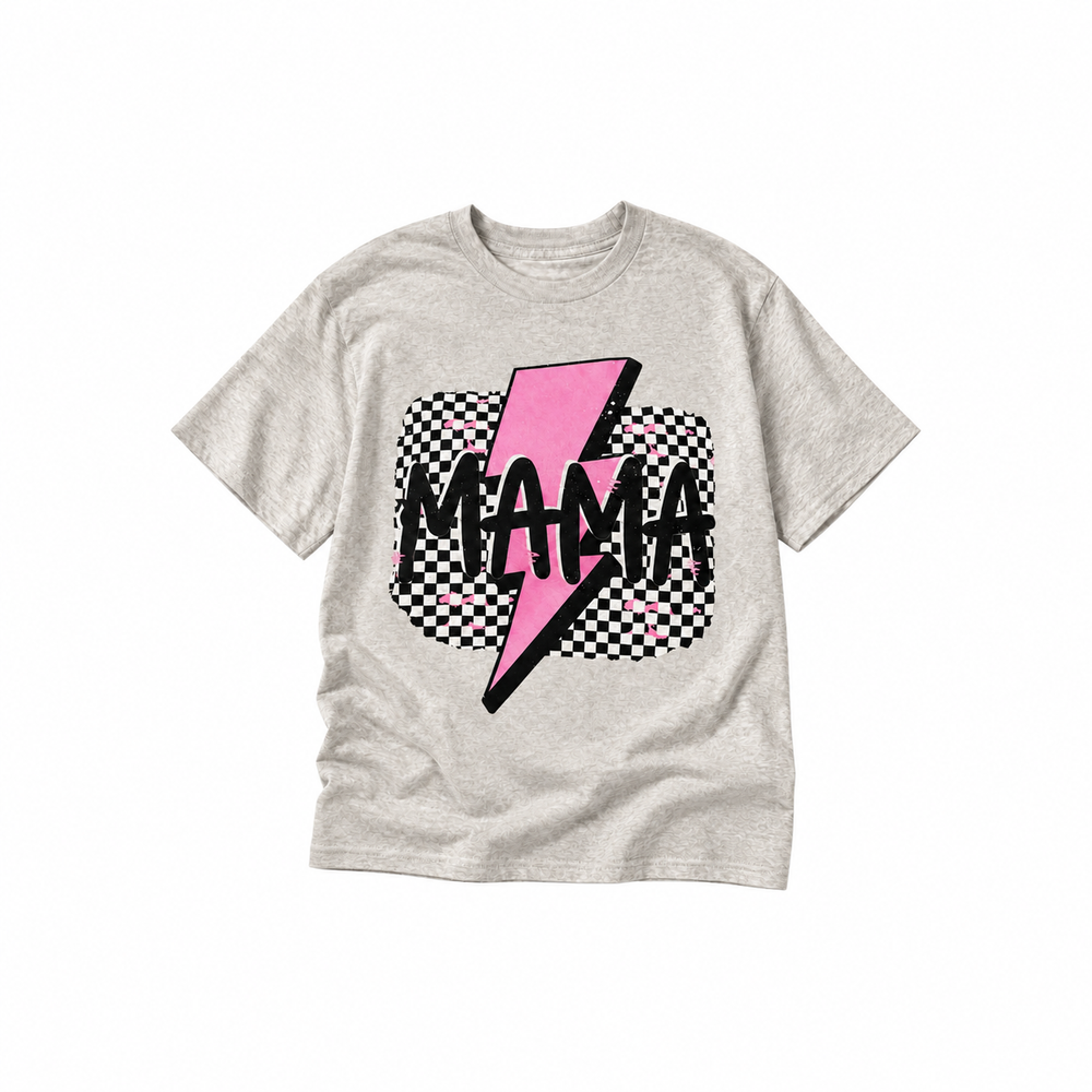 Mama with Pink Bolt Graphic Tee centered smaller on pure white background