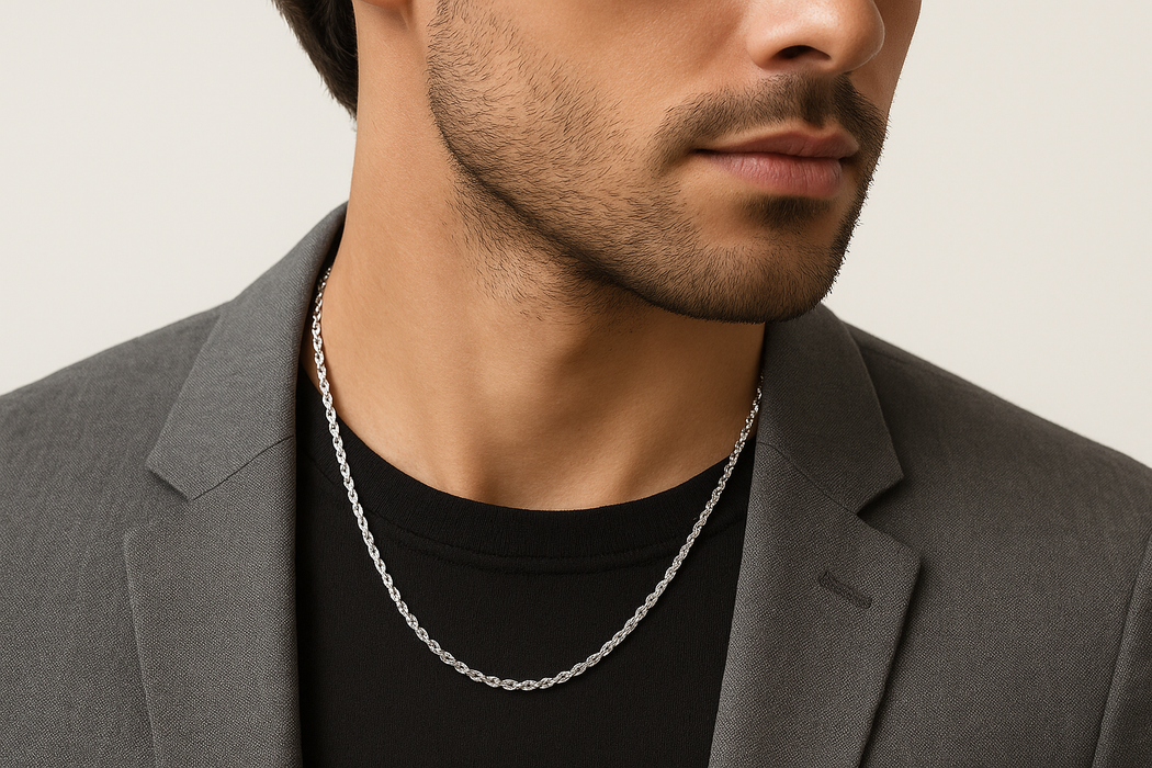 man wearing Diamond-Cut 2.0mm Rope Chain Necklace in Solid 10K White Gold