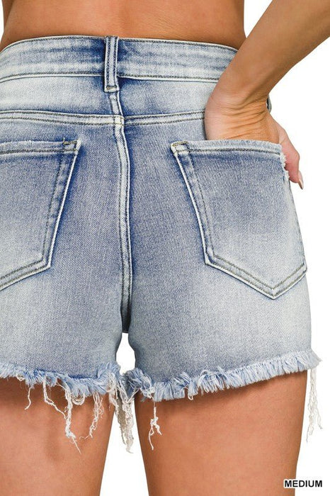 Medium Washed Raw Frayed Hem Denim Shorts - LECCE