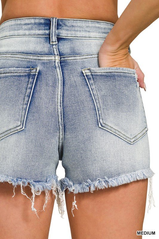 Medium Washed Raw Frayed Hem Denim Shorts - LECCE