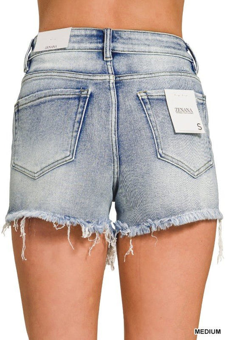 Medium Washed Raw Frayed Hem Denim Shorts - LECCE