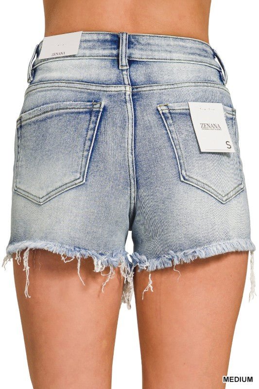 Medium Washed Raw Frayed Hem Denim Shorts - LECCE