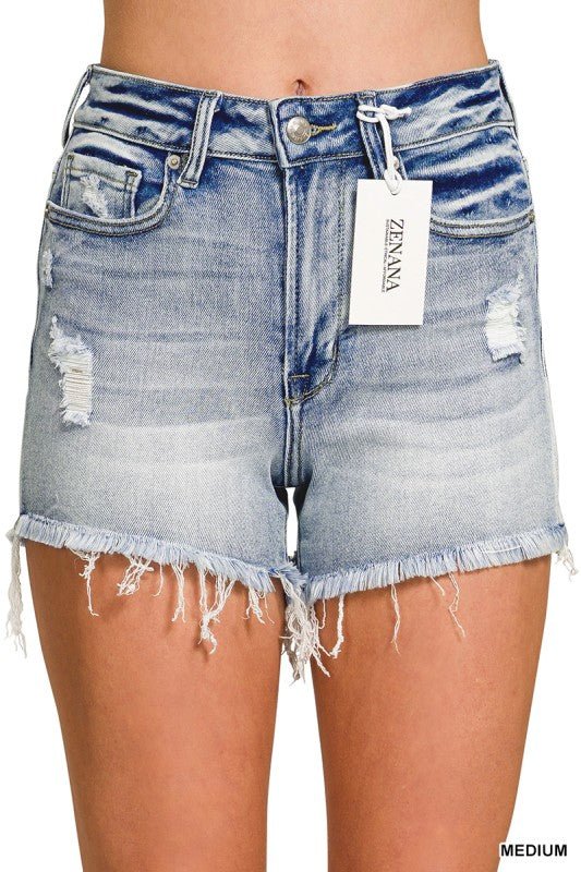 Medium Washed Raw Frayed Hem Denim Shorts - LECCE