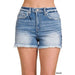 Mid Rise Raw Frayed Hem Denim Shorts - LECCE