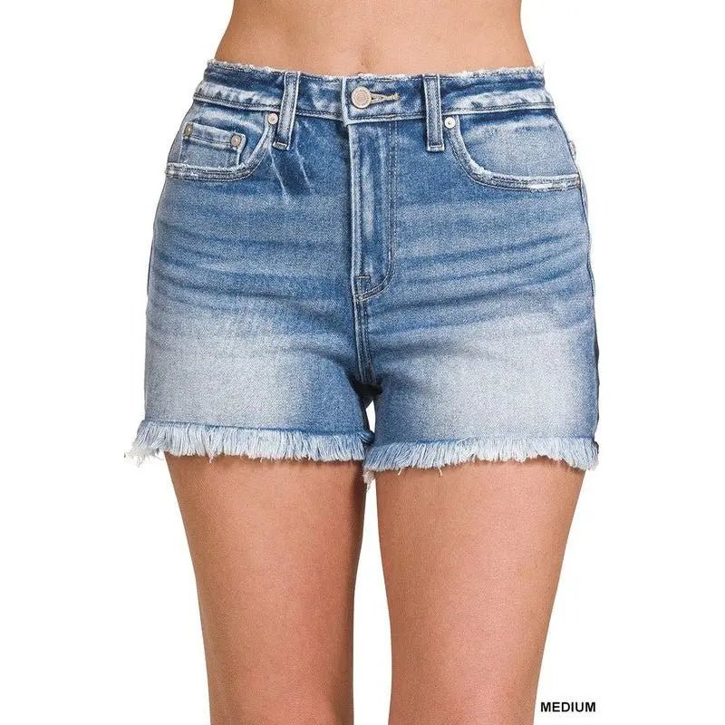 Mid Rise Raw Frayed Hem Denim Shorts - LECCE