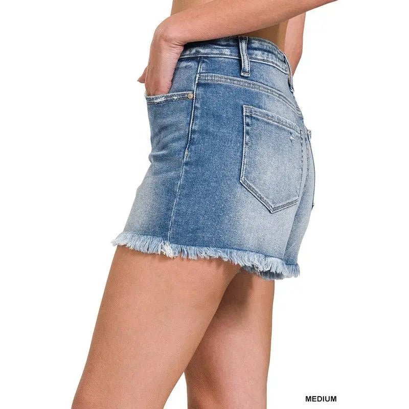 Mid Rise Raw Frayed Hem Denim Shorts - LECCE
