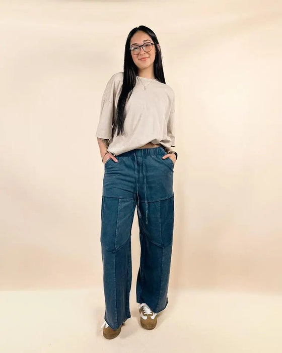 Mineral Wash Wide Leg Drawstring Pants - LECCE