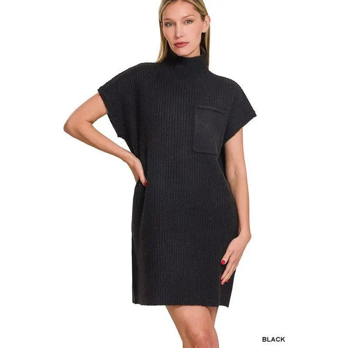 Mock Neck Short Sleeve Sweater Dress With Pocket - LECCE