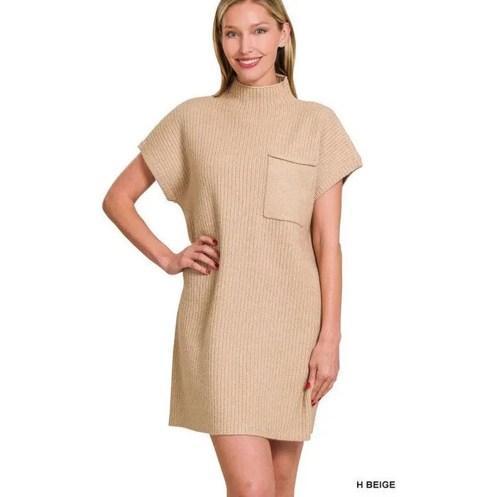 Mock Neck Short Sleeve Sweater Dress With Pocket - LECCE