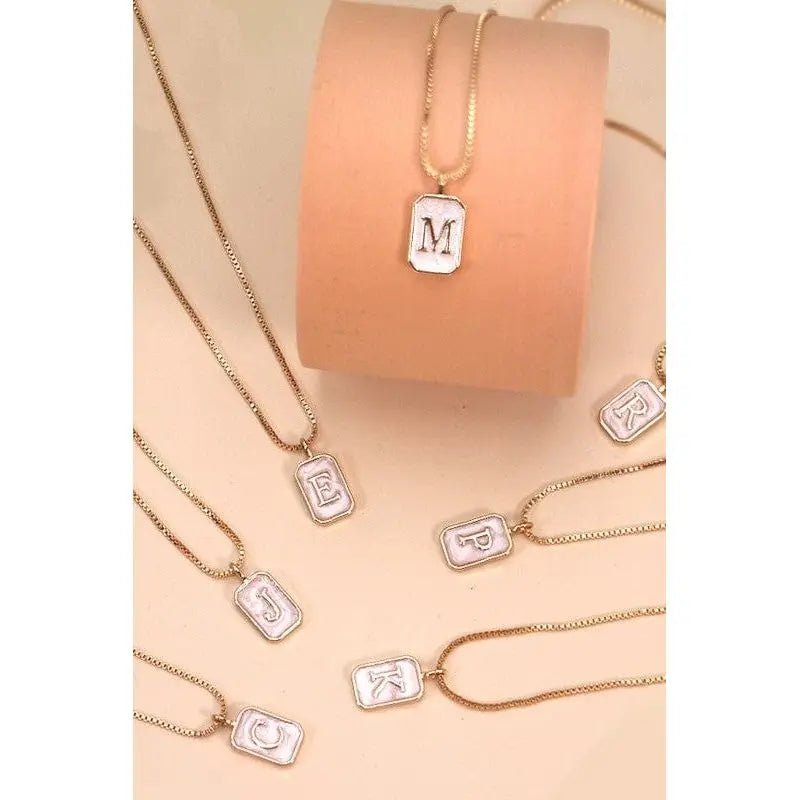 Monogram Initial Rectangle Pearly Charm Necklace - LECCE