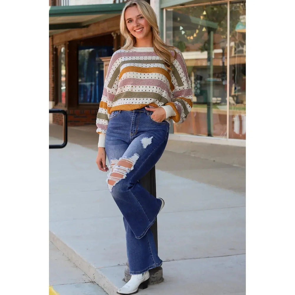 Multicolor Striped Hollowed Knitted Loose Sweater - LECCE