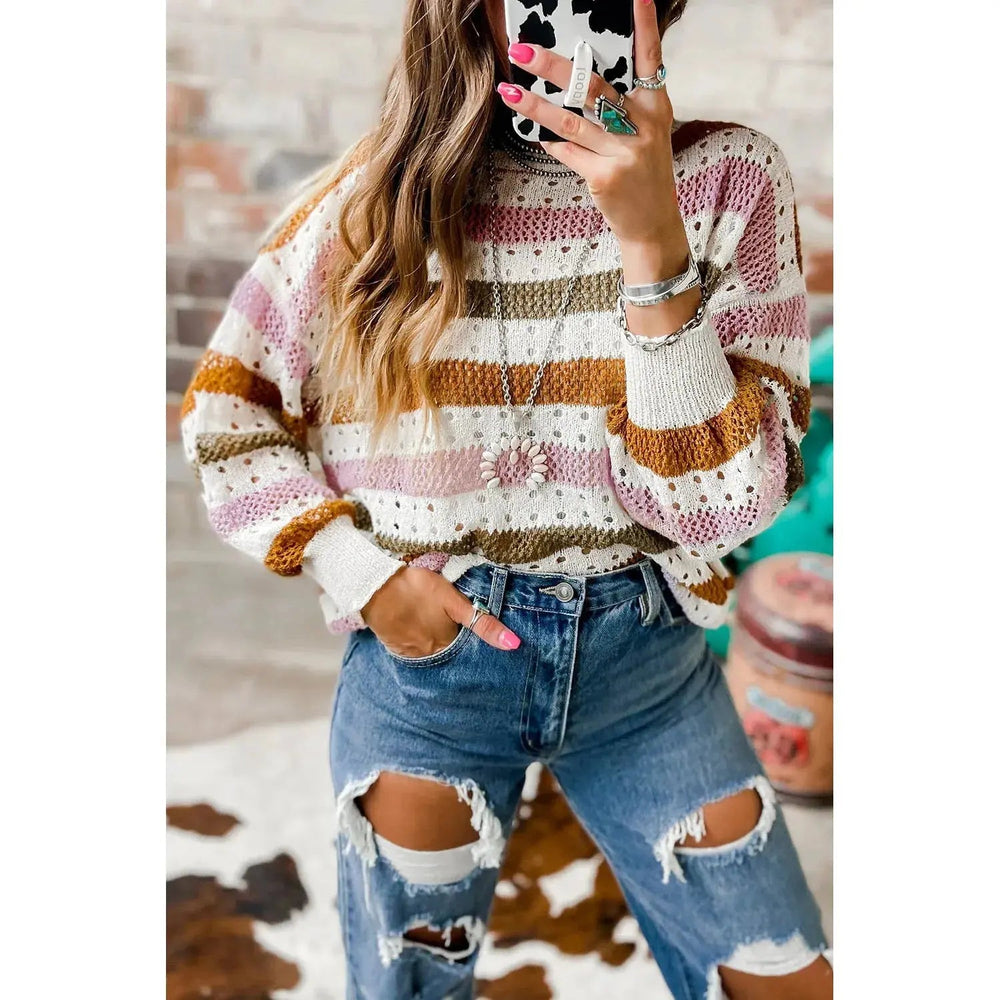 Multicolor Striped Hollowed Knitted Loose Sweater - LECCE