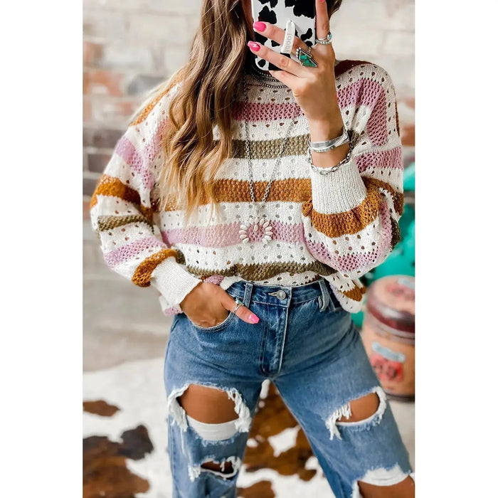 Multicolor Striped Hollowed Knitted Loose Sweater - LECCE