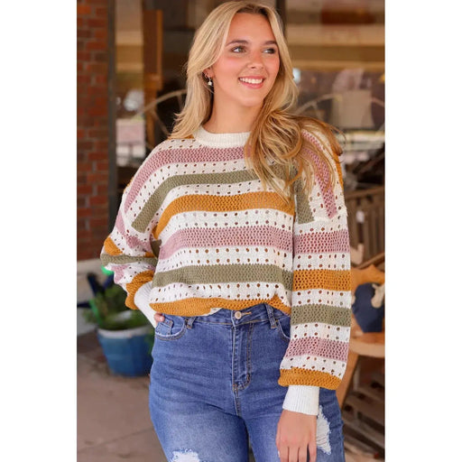 Multicolor Striped Hollowed Knitted Loose Sweater - LECCE