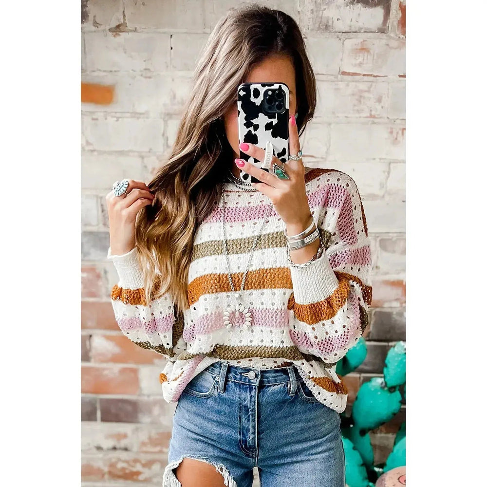Multicolor Striped Hollowed Knitted Loose Sweater - LECCE