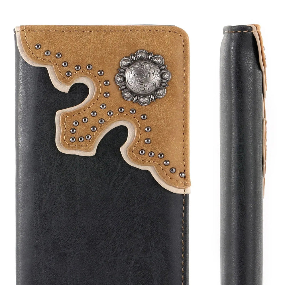 MW - 606 Antique Silver Berry Concho Men's Bifold Long PU Leather Wallet - LECCE