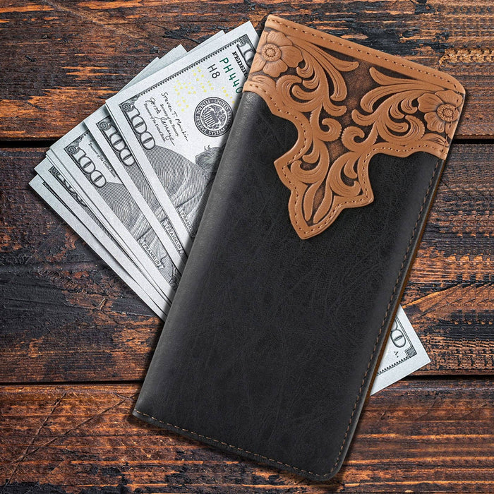 MW - 607 Embossed Vintage Floral Men's Bifold Long PU Leather Wallet - LECCE