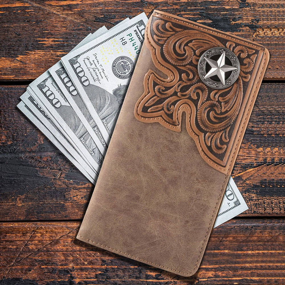 MW - 610 Embossed Lone Star Concho Men's Bifold Long PU Leather Wallet - LECCE