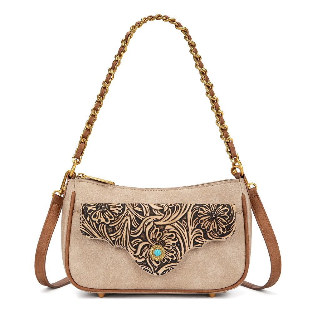 Montana West Tooled Floral Turquoise Chain Shoulder Crossbody Bag - Tan