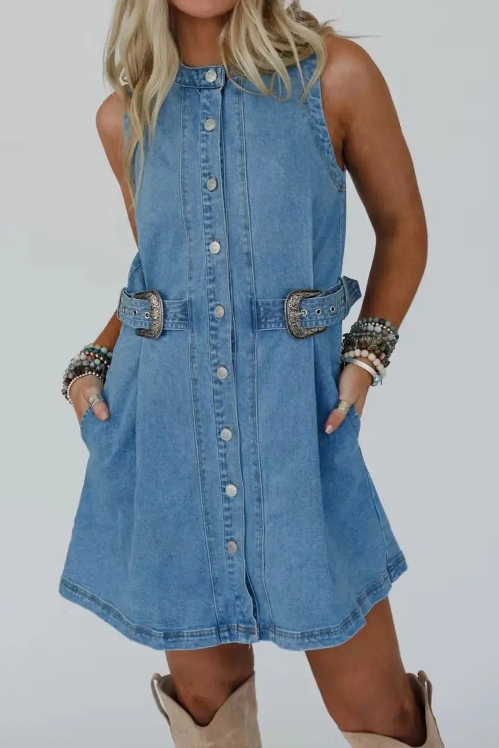 Myosotis Western Belt Button Down Sleeveless Denim mini Dress