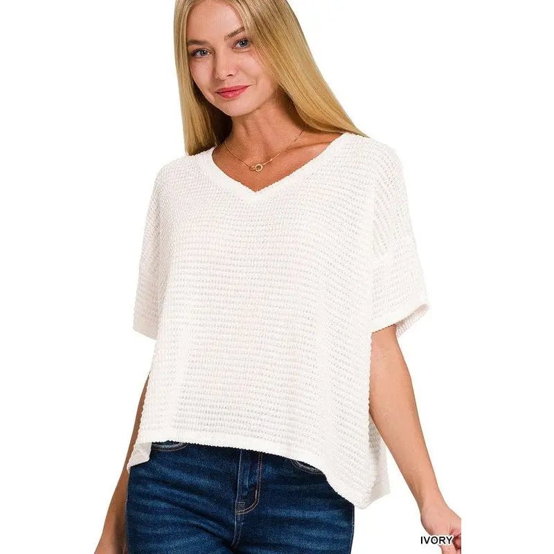Neutral Drop Shoulder Short Sleeve Jacquard Top - LECCE