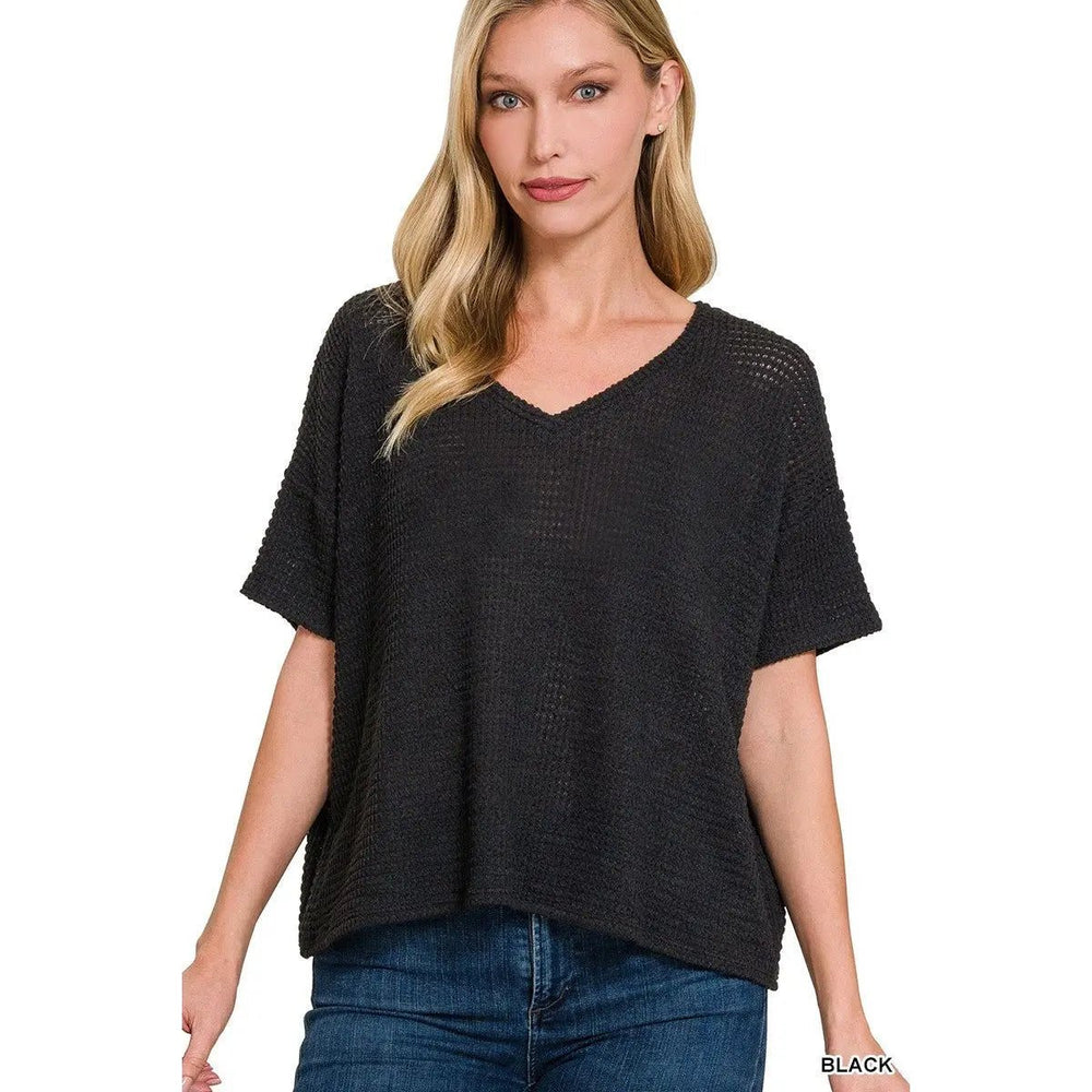 Neutral Drop Shoulder Short Sleeve Jacquard Top - LECCE