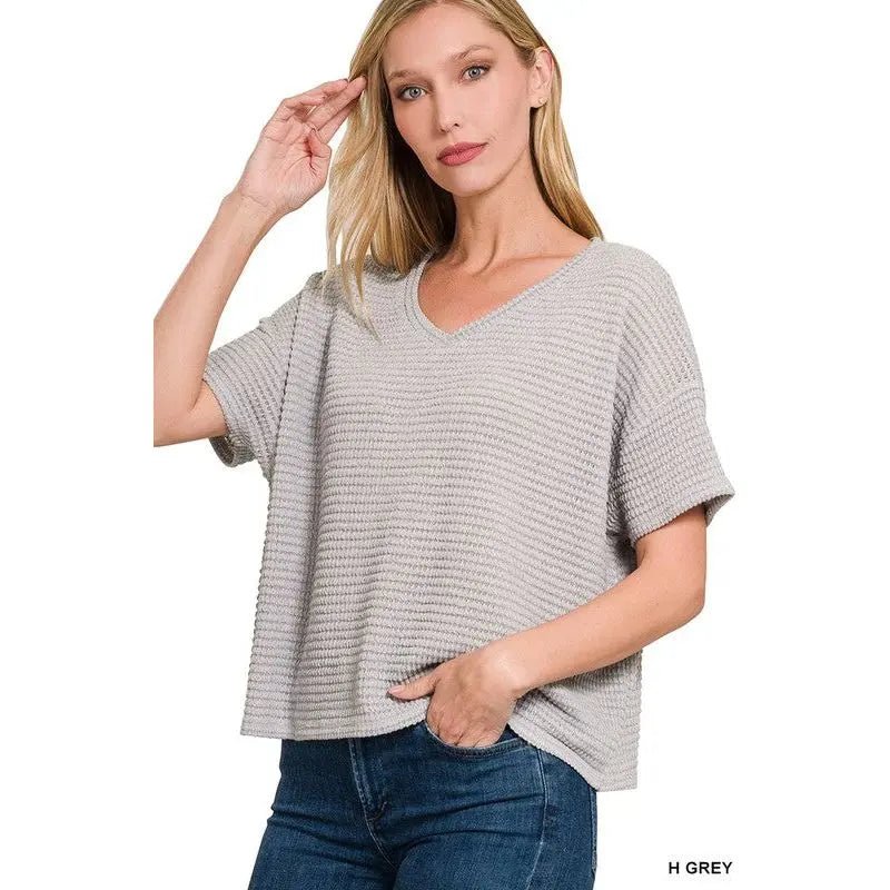 Neutral Drop Shoulder Short Sleeve Jacquard Top